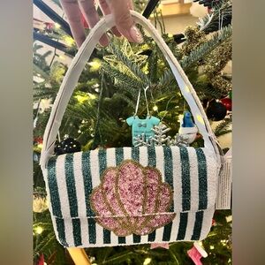 Striped Beaded Handbag with Pink Floral Design
